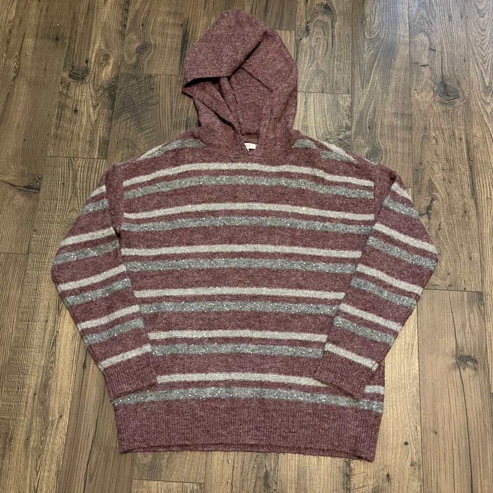 Nine West Womens Sequin Striped Hooded Sweater Burgundy Grey Size M Fuzzy Knit